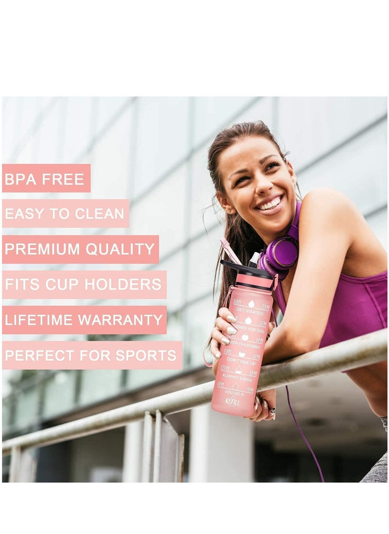 TYCOM - Water Bottle 1L Gym Bottle Sport Bottle Motivational Sports Bottle with Time Marker Leakproof Drinking Sport Gym Water Bottles for Fitness Gym Outdoor Handle Straw Pink. - Image 1
