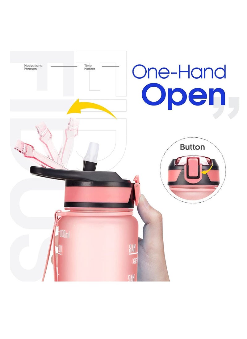 TYCOM - Water Bottle 1L Gym Bottle Sport Bottle Motivational Sports Bottle with Time Marker Leakproof Drinking Sport Gym Water Bottles for Fitness Gym Outdoor Handle Straw Pink. - Image 1