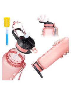 Water Bottle 1L Gym Bottle Sport Bottle Motivational Sports Bottle with Time Marker Leakproof Drinking Sport Gym Water Bottles for Fitness Gym Outdoor Handle Straw Pink.