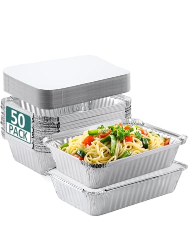 NEEBAKE 50 Pack 8x6 Disposable Aluminum Pans with Lids Aluminum-Foil-Pans-Tin-Foil-Baking-Pans-Tin-Trays-Food-To-Go-Containers-for-Meal-Prep-Cooking-Roasting-Heating-Takeout - Image 1