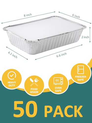 NEEBAKE 50 Pack 8x6 Disposable Aluminum Pans with Lids Aluminum-Foil-Pans-Tin-Foil-Baking-Pans-Tin-Trays-Food-To-Go-Containers-for-Meal-Prep-Cooking-Roasting-Heating-Takeout - Image 2