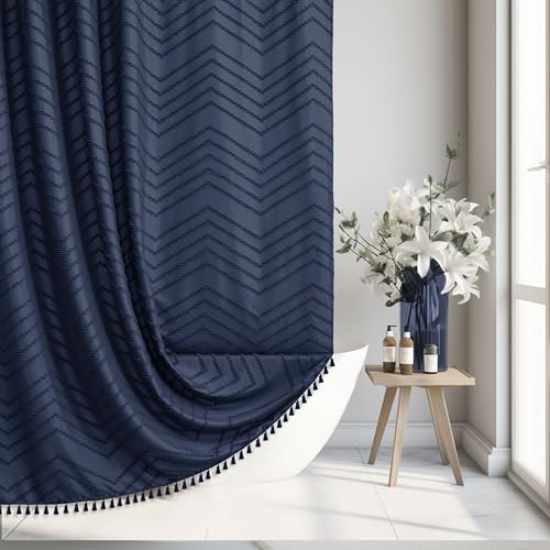 Siiluminisoy Navy Blue Woven Fabric Cute Shower Curtain 72 x 72 Tufted Chevron Textured Striped Modern Minimalist Cloth Shower Curtain for Bathroom