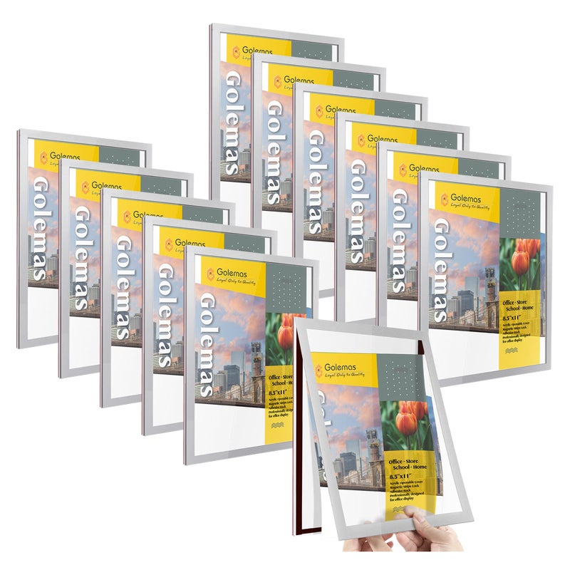 Golemas Acrylic Magnetic Sign Holder EasyOpening 85 x 11 Wall Mount Display Frames Self Adhesive Back Plastic Clear Document Frame Horizontal  Vertical Display Silver 12Pack