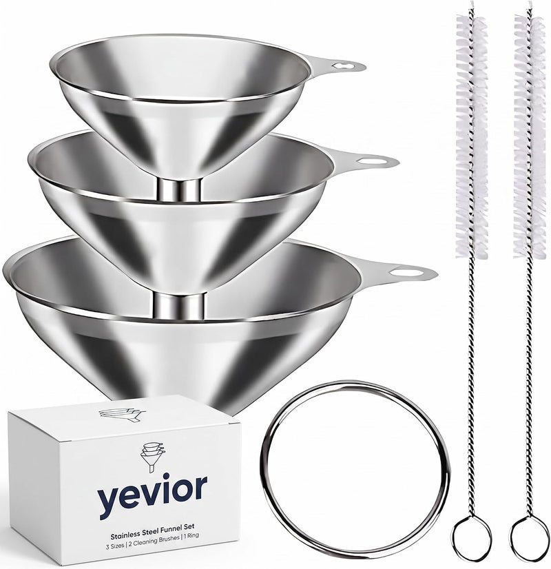 YEVIOR 3 في 1 قمع معدني صغير لملء الزجاجات، مجموعة قمع مطبخ صغير من الفولاذ المقاوم للصدأ لنقل الزيوت الأساسية والسوائل والتوابل والمكونات الجافة والمساحيق، متينة وآمنة للغسل في غسالة الأطباق - Image 1