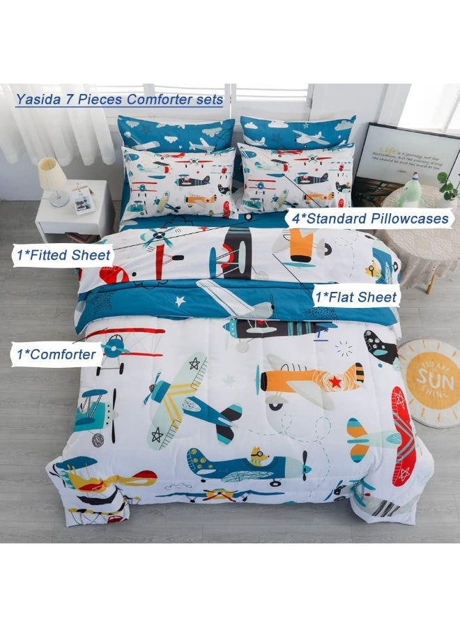 Yasida 7 Piece Airplane Comforter Set for Boys and Girls, Comforters Queen Size Bed in a Bag, Microfiber Kids Bedding for All Season - Image 3