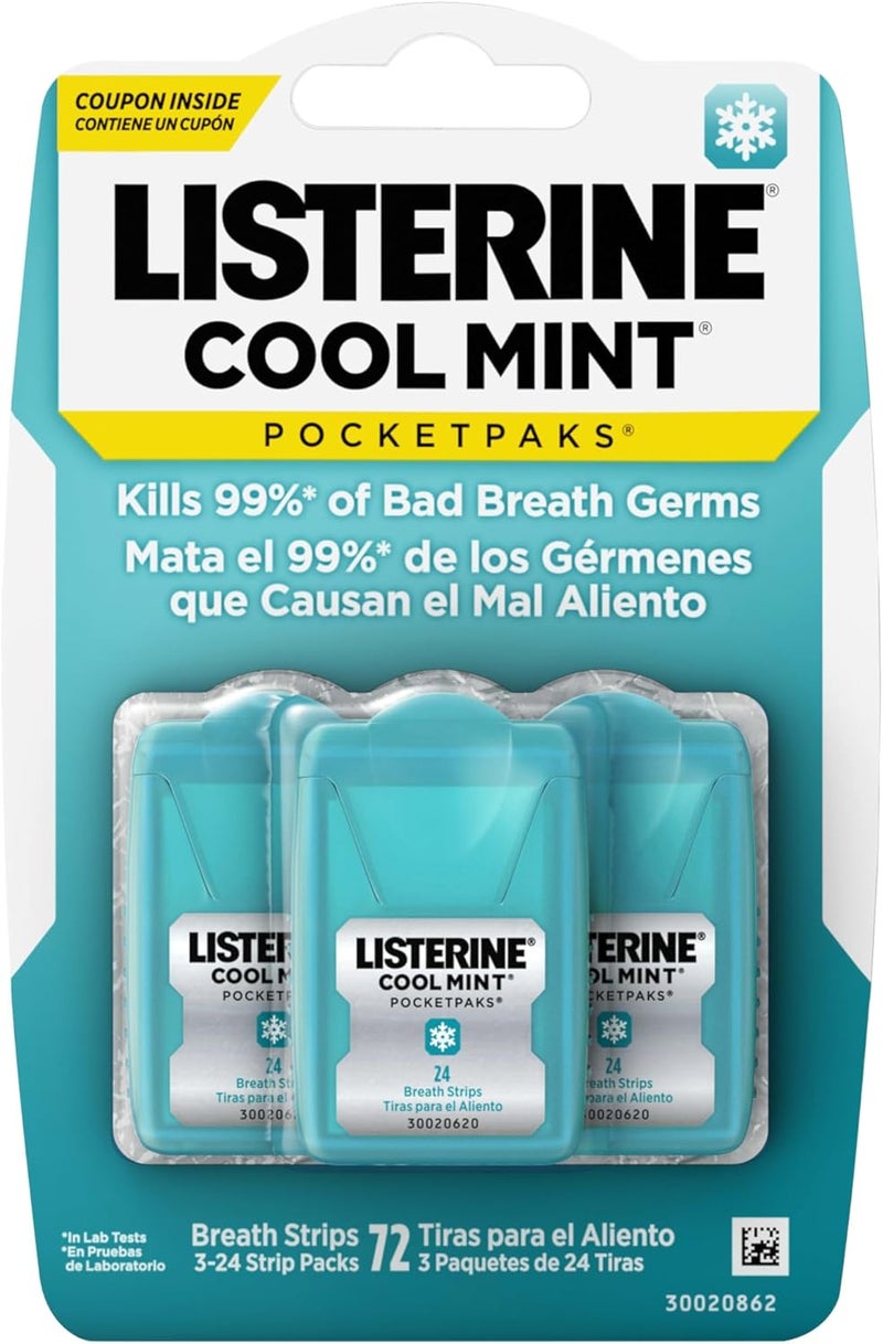Listerine Cool Mint Pocketpaks Breath Strips - 72 Count (3 Packs of 24 Strips) for Fresh Breath - Image 1