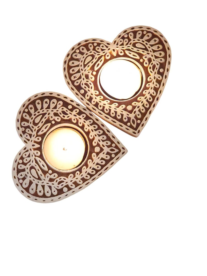 Netra Arts Wooden Tealight Candle Holders in Heart Shape Comes with Two Tealight Candles Perfect for Home Decoration and Gifting On Festival Brown Set of 2 - Image 1