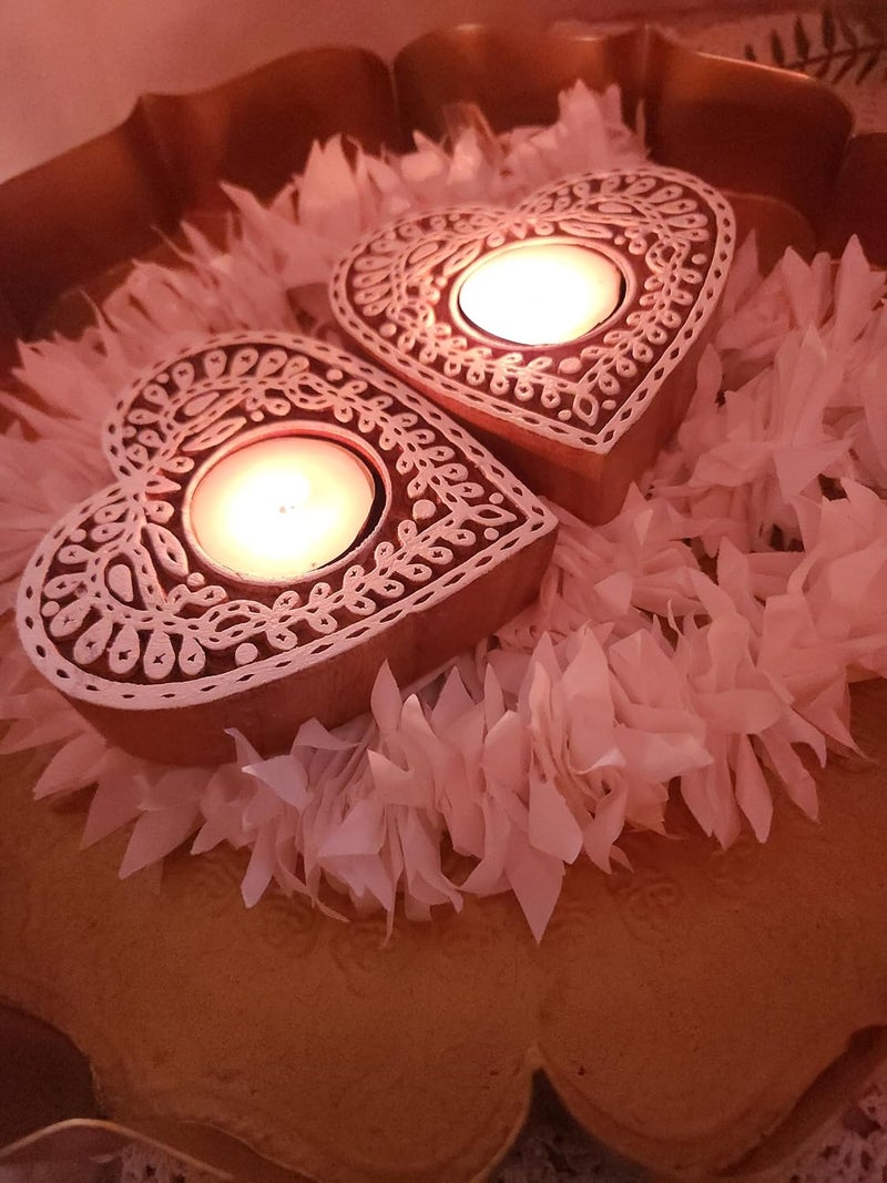 Netra Arts Wooden Tealight Candle Holders in Heart Shape Comes with Two Tealight Candles Perfect for Home Decoration and Gifting On Festival Brown Set of 2 - Image 3
