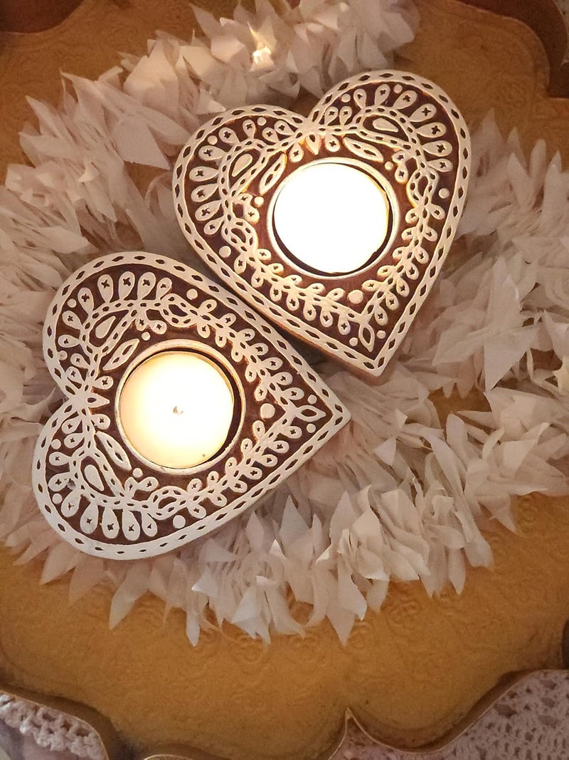 Netra Arts Wooden Tealight Candle Holders in Heart Shape Comes with Two Tealight Candles Perfect for Home Decoration and Gifting On Festival Brown Set of 2 - Image 2