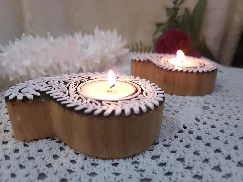 Netra Arts Wooden Tealight Candle Holders in Heart Shape Comes with Two Tealight Candles Perfect for Home Decoration and Gifting On Festival Brown Set of 2 - Image 5