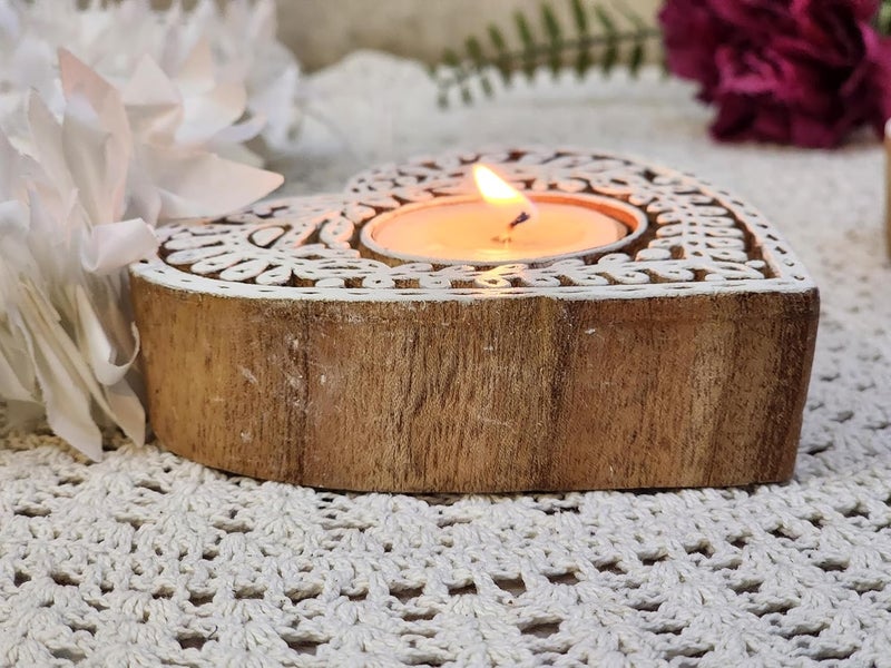 Netra Arts Wooden Tealight Candle Holders in Heart Shape Comes with Two Tealight Candles Perfect for Home Decoration and Gifting On Festival Brown Set of 2 - Image 4