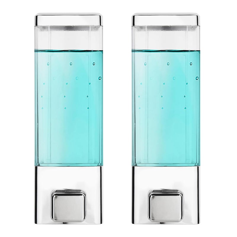 BATH GURU حامل صابون معلق على الحائط - معقم لليدين - جل غسيل الصحون - موزع سائل للصابون للمطبخ والحمام - عبوة من 2 (350 مل، كروم شفاف) (بلاستيك) - Image 1