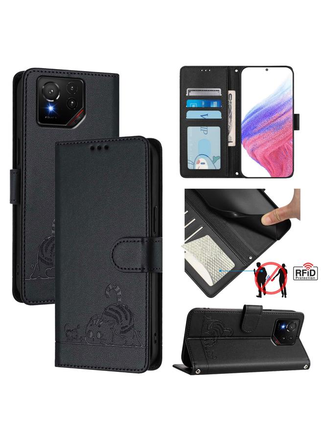 اس-توب جراب لهاتف Asus ROG Phone 9 / 9 Pro من الجلد المنقوش بنمط قطة وفأر بتقنية RFID مع حبل تعليق - Image 1