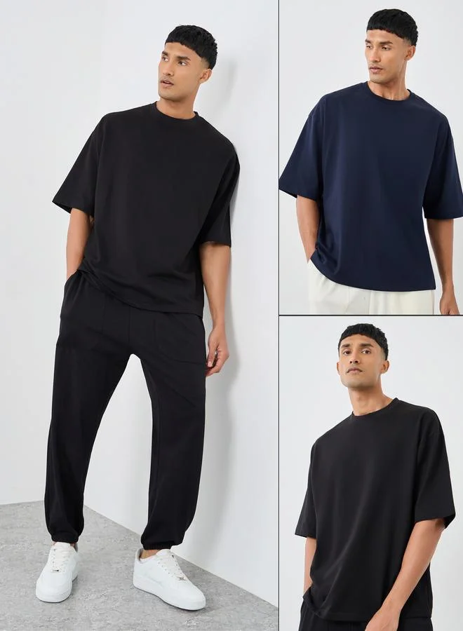 ستايلي Styli Pack of 2 - Cotton Terry Boxy Crew Neck T-Shirt