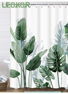 LEOKOR Tropical Leaves Plant on White Background Odorless Curtain with Hooks for Bathroom  - Image 1