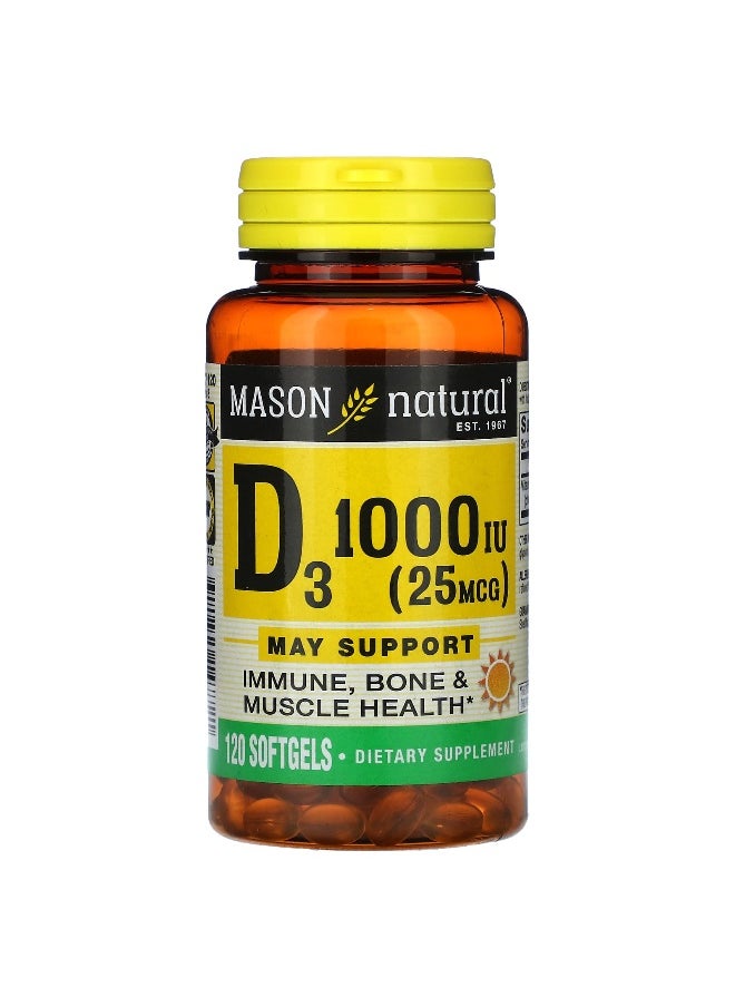 Mason Natural Mason Natural, Vitamin D3, 25 mcg (1,000 IU), 120 Softgels  - Image 1