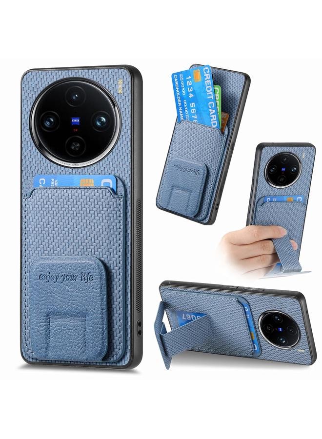 Zaboon For vivo X100 Pro 5G Carbon Fiber Card Bag Fold Stand Phone Case(Blue)