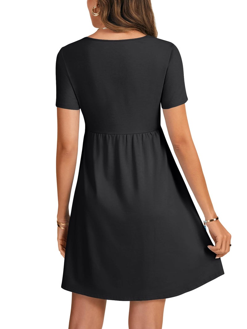 KIFOVEN Women's Lace Trim Scoop Neck High Waist Short Sleeve Casual Mini Dress Black Small - Image 5