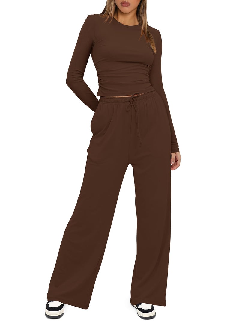 Darong Women's 2 Piece Outfits Lounge Sets Ruched Long Sleeve Tops and Wide Leg Pants Tracksuit Sets 9065A Coffee XS - Image 3