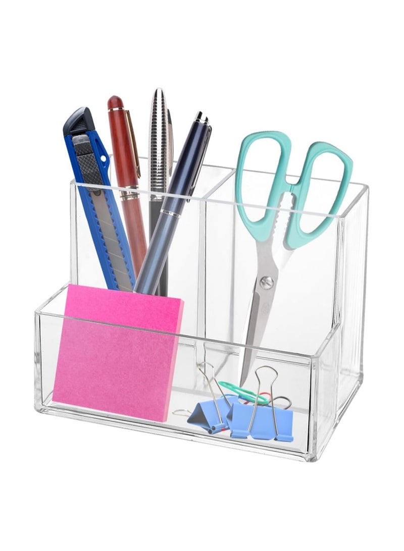 TPGP Pen Holder, Clear Acrylic Makeup Brush Holder, Pencil Holder for Desk with Sticky Notes Holder and 3 Compartments, Pencil Organizer for Pen, Art Supply, Makeup Brush(Clear) - Image 1