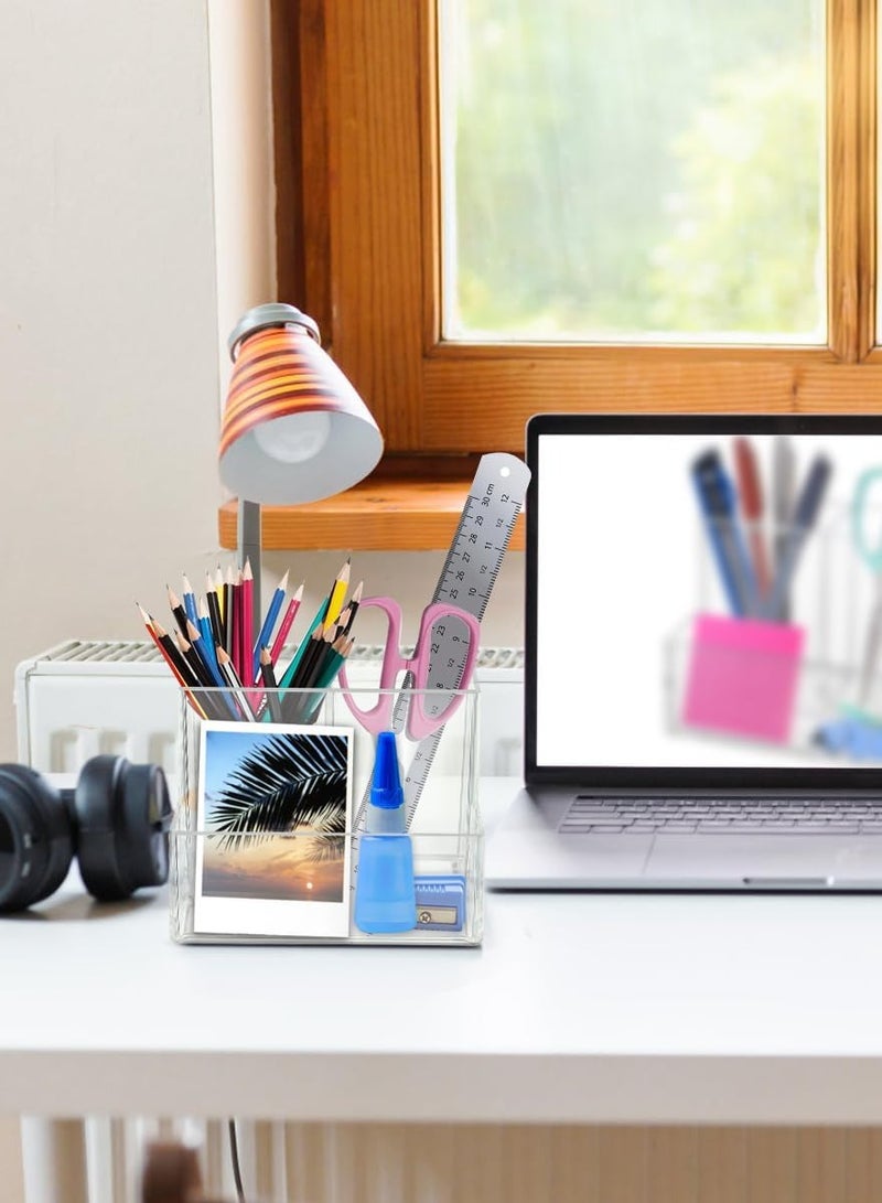 TPGP Pen Holder, Clear Acrylic Makeup Brush Holder, Pencil Holder for Desk with Sticky Notes Holder and 3 Compartments, Pencil Organizer for Pen, Art Supply, Makeup Brush(Clear) - Image 3