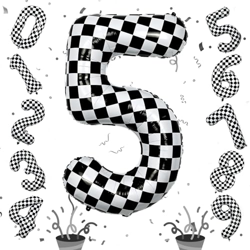 Isndare 40 Inch Checkered 5 Number Balloons Large Foil Self Inflating 5th Birthday Racing Balloons Decor Black and White Checkered 5 Ballons for Boys 5th Birthday Race Car Flag Party Decorations Supplies - Image 1