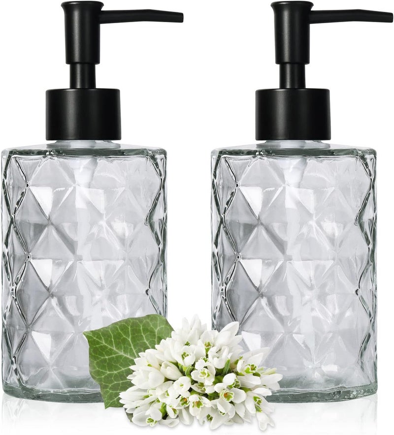 YTDTKJ Glass Soap Dispenser Set (2 Pack, 11Oz.) - Premium Thick Soap Pump Bottles, Refillable, Multi-Functional, Clear with Black Pump - Image 1