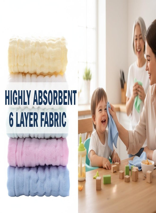BASEEFY 5 Pack Baby Muslin Cotton Washcloths – 6 Layer Extra Soft & Highly Absorbent Reusable Napkins for Newborns, Sensitive Skin Face Wipes, Burp Cloth & Hankies (Multicolor) - Image 5