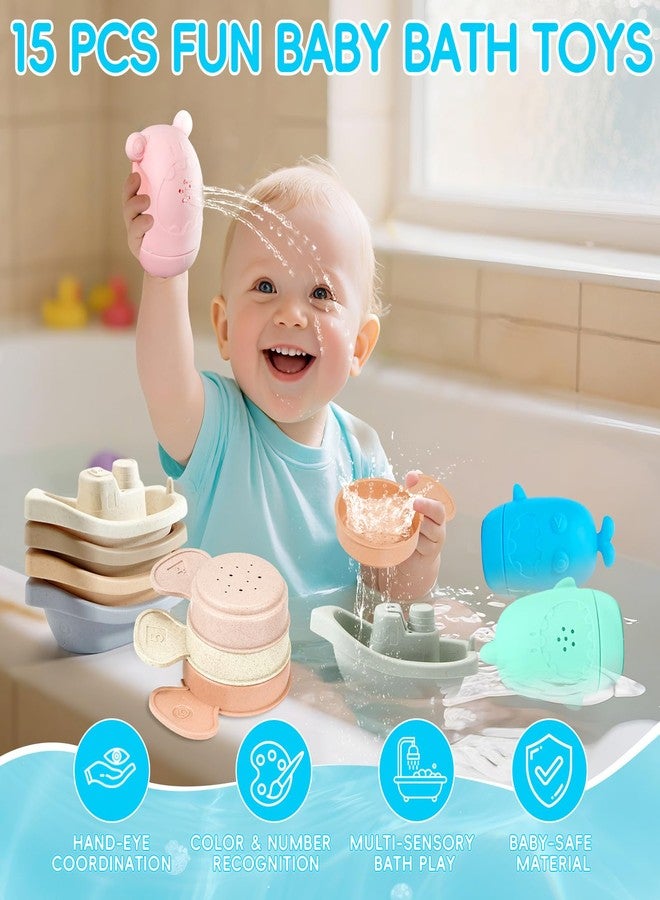 AMCHSURI Baby Bath Toys for Kids Ages 1-3, 15PCS Mold Free Bath Toys Toddlers 2-4, Bathtub Pool Water Table Toys, Silicone Bath Toy and Floating Boats & Stacking Spoons for Babies 6-12 Months - Image 2