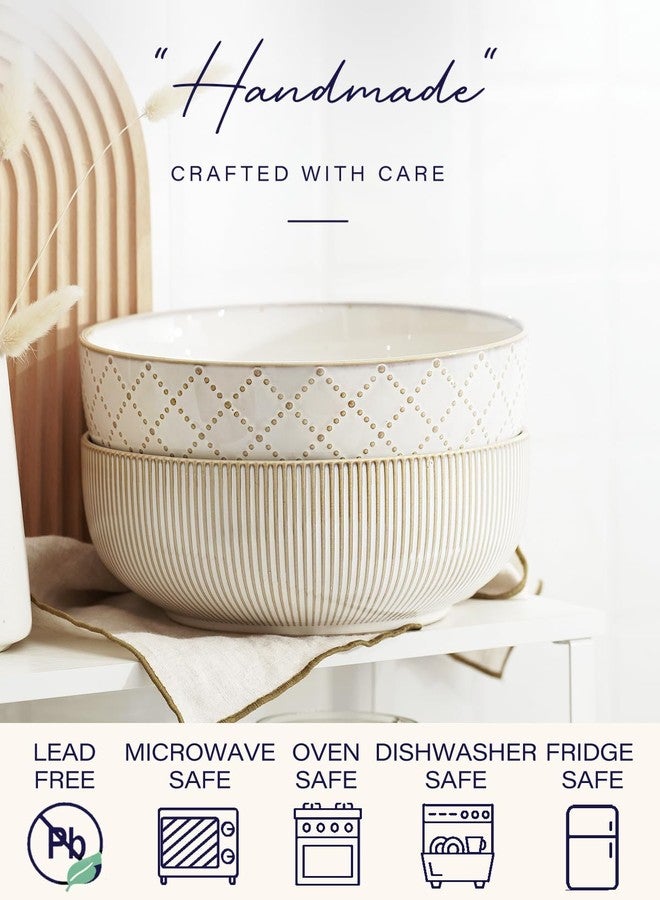 getstar Large Serving Bowls (9.5 inch & 92 fl oz), Ceramic Salad Bowl Set of 2, Microwave and Dishwasher Safe, Farmhouse Kitchen Decorative Bowls Set (Embossed Checks & Stripes) - Image 4