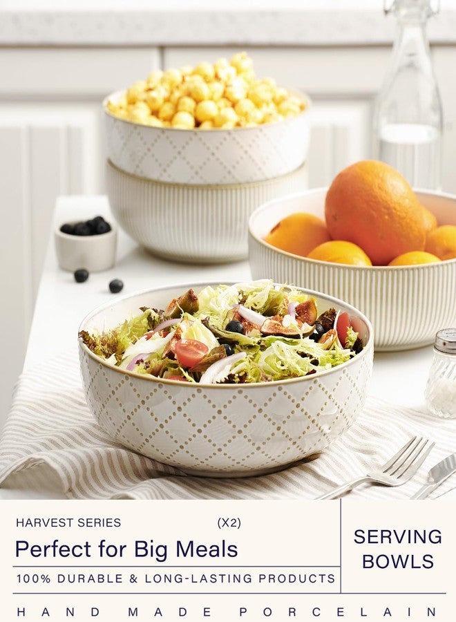 getstar Large Serving Bowls (9.5 inch & 92 fl oz), Ceramic Salad Bowl Set of 2, Microwave and Dishwasher Safe, Farmhouse Kitchen Decorative Bowls Set (Embossed Checks & Stripes) - Image 2