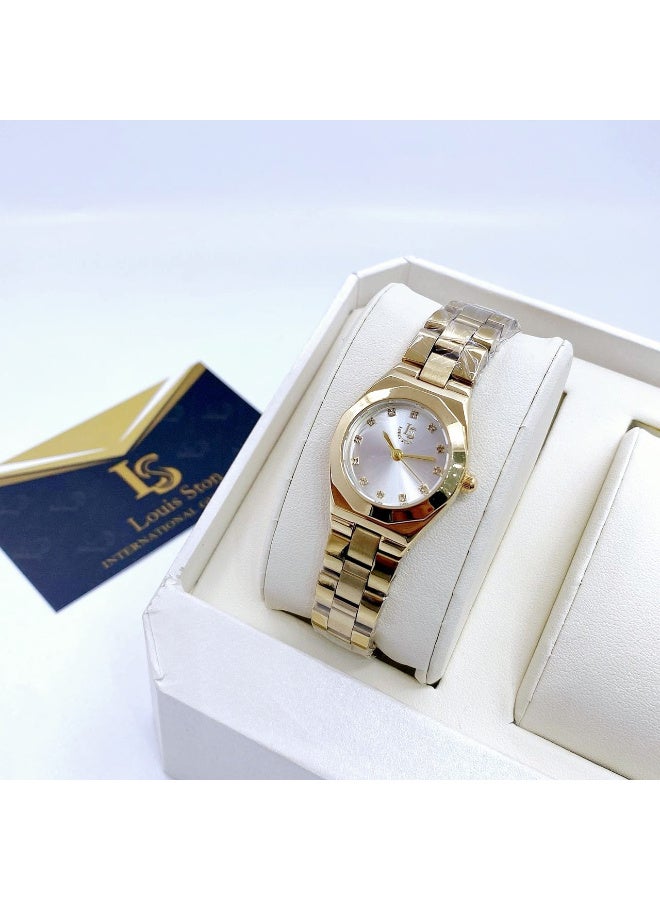 Louis Ston Women's watch, waterproof, high-quality steel, gold strap with white dial