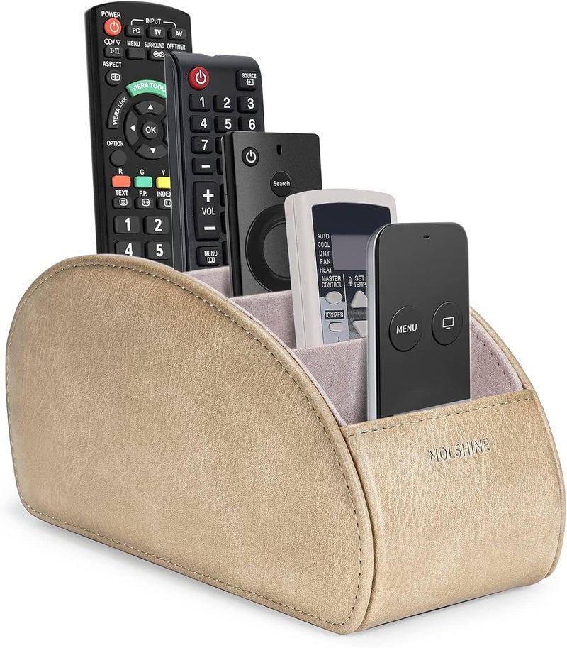 molshine Remote Control Holder with 5 Compartments,Pu Leather Office Organization Storage Caddy Box for Tv Remote ,Heater Controllers,Media Player,Office Supplies,Makeup Brush (Beige Gray) - Image 1