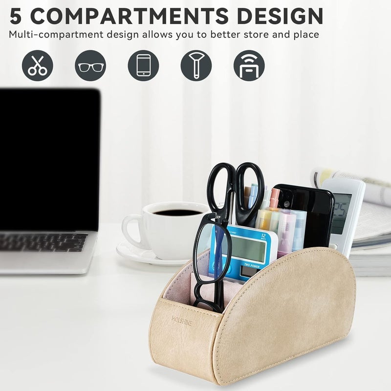 molshine Remote Control Holder with 5 Compartments,Pu Leather Office Organization Storage Caddy Box for Tv Remote ,Heater Controllers,Media Player,Office Supplies,Makeup Brush (Beige Gray) - Image 5