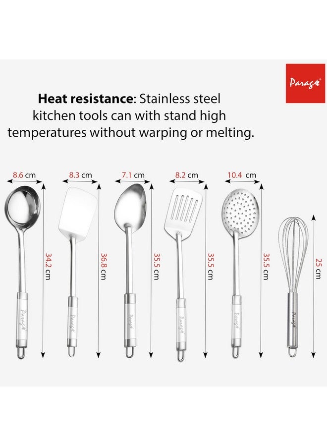 Parage Parage 6 Pieces Stainless Steel Kitchen Tools for Cooking & Serving, Basting Spoon (Chamcha), Ladle(Karchhi), Slotted Turner, Skimmer(Jhara), Turner/Spatula (Palta), Blending Egg Whisk, Silver  - Image 2