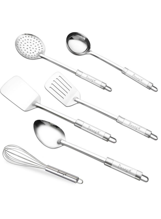 Parage Parage 6 Pieces Stainless Steel Kitchen Tools for Cooking & Serving, Basting Spoon (Chamcha), Ladle(Karchhi), Slotted Turner, Skimmer(Jhara), Turner/Spatula (Palta), Blending Egg Whisk, Silver  - Image 1