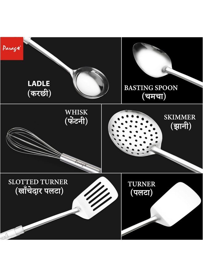 Parage Parage 6 Pieces Stainless Steel Kitchen Tools for Cooking & Serving, Basting Spoon (Chamcha), Ladle(Karchhi), Slotted Turner, Skimmer(Jhara), Turner/Spatula (Palta), Blending Egg Whisk, Silver  - Image 3