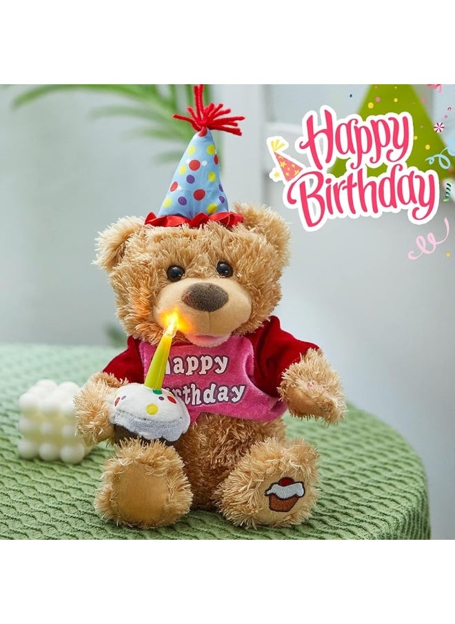 Houwsbaby - Houwsbaby 13.5'' Birthday Teddy Bear Interactive Stuffed Animal Electric Singing Musical Plush Toy with Cupcake, Glow Candle Gifts for Kids Girls Boys Valentine's Day Holiday - Image 1