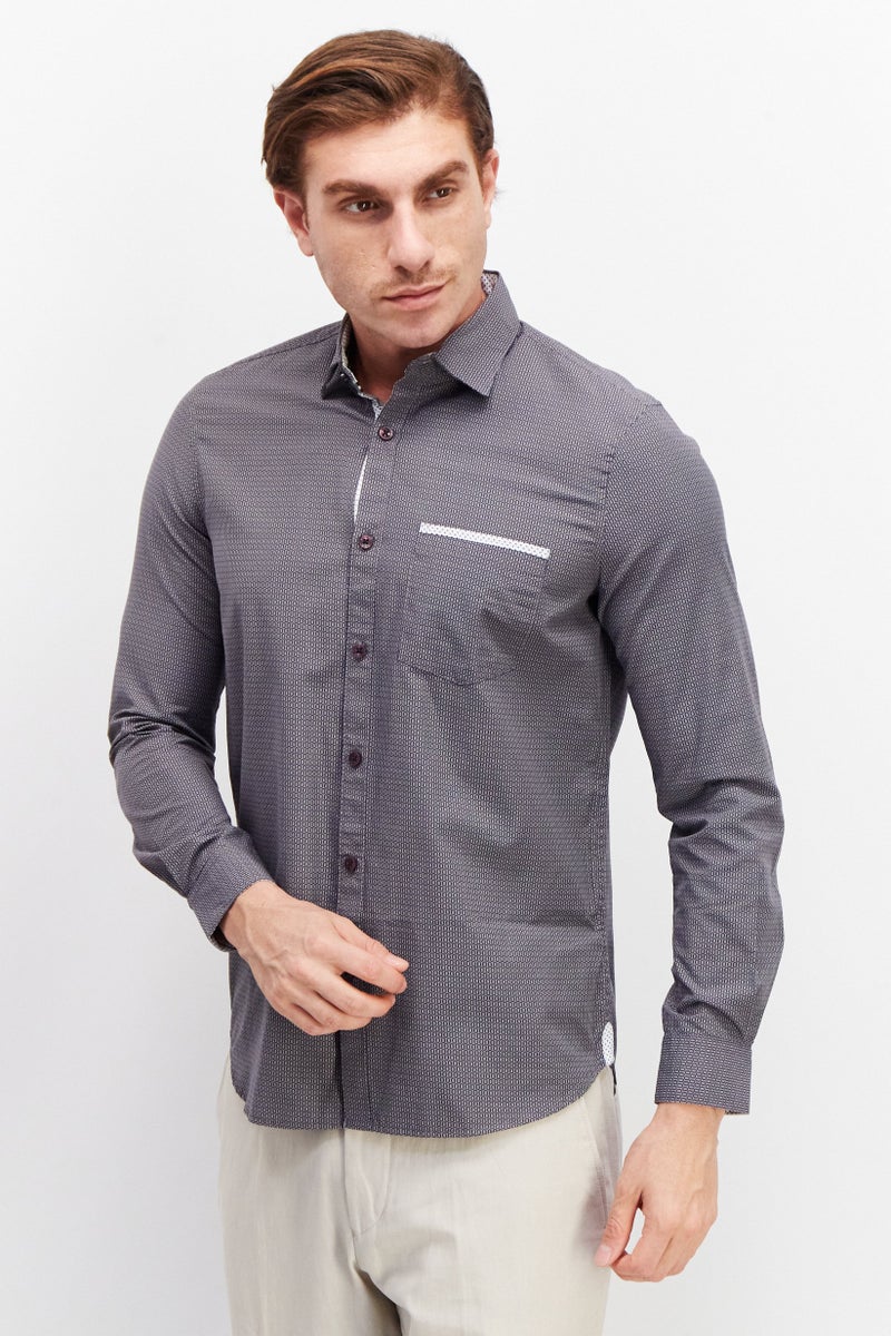 william rast قميص رجالي عادي بأكمام طويلة وطباعة شاملة، رمادي - Image 1