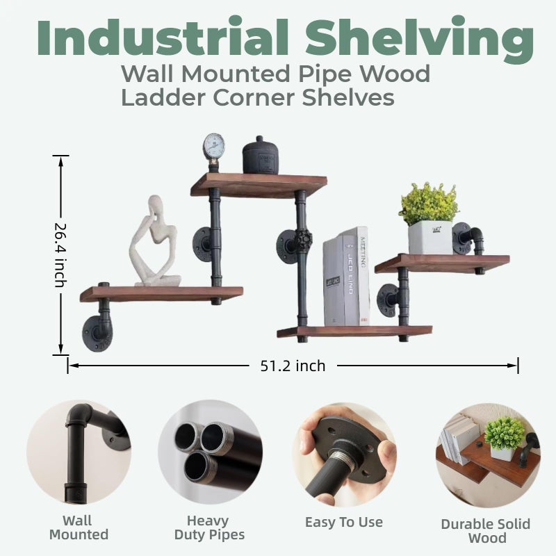 BIXIRAO Industrial Rustic Modern Solid Wood Ladder Pipe Wall Mounted Floating Shelves â€“ 4 Tiers Bookshelf,DIY Storage Shelving,Hung Bracket,Bookcases - Image 5