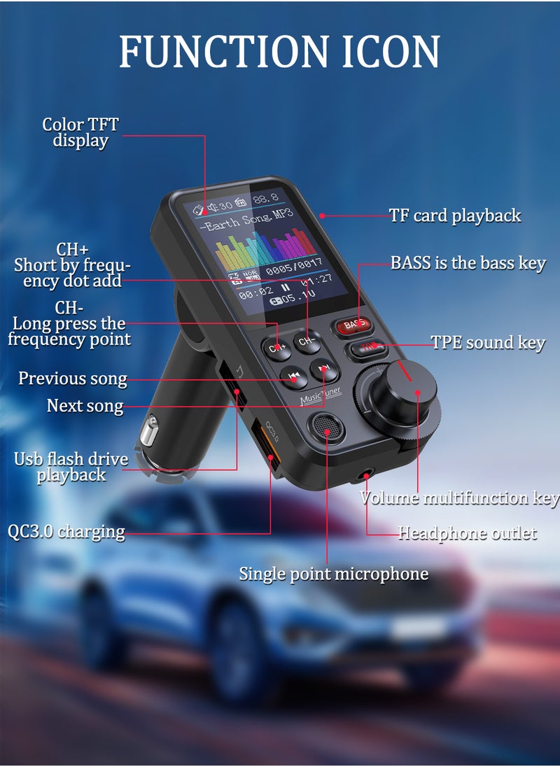 Car Bluetooth Adapter - Car Fast Charger - MP3 Music Player - Built-in Colored Lights - Wireless Radio Adapter- FM Transmitter - Car Kit - Car Accessories - Support USB Disk
