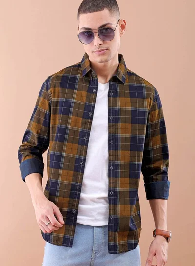 شركة المرآب الهندية Men Slim Fit Checkered Full Sleeves Spread Collar Casual Shirt