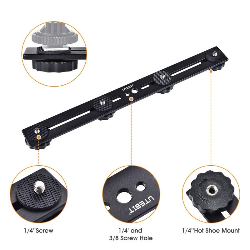 UTEBIT 11 inch Flash Bracket, Long Dual Camera Mount Flash Bracket Extension Bar with 1/4â€œ Hot Shoe, Straight Flash Brackets 1/4- 3/8 Thread Hole Tripod Mount for Camera/LED Light/Microphone - Image 2