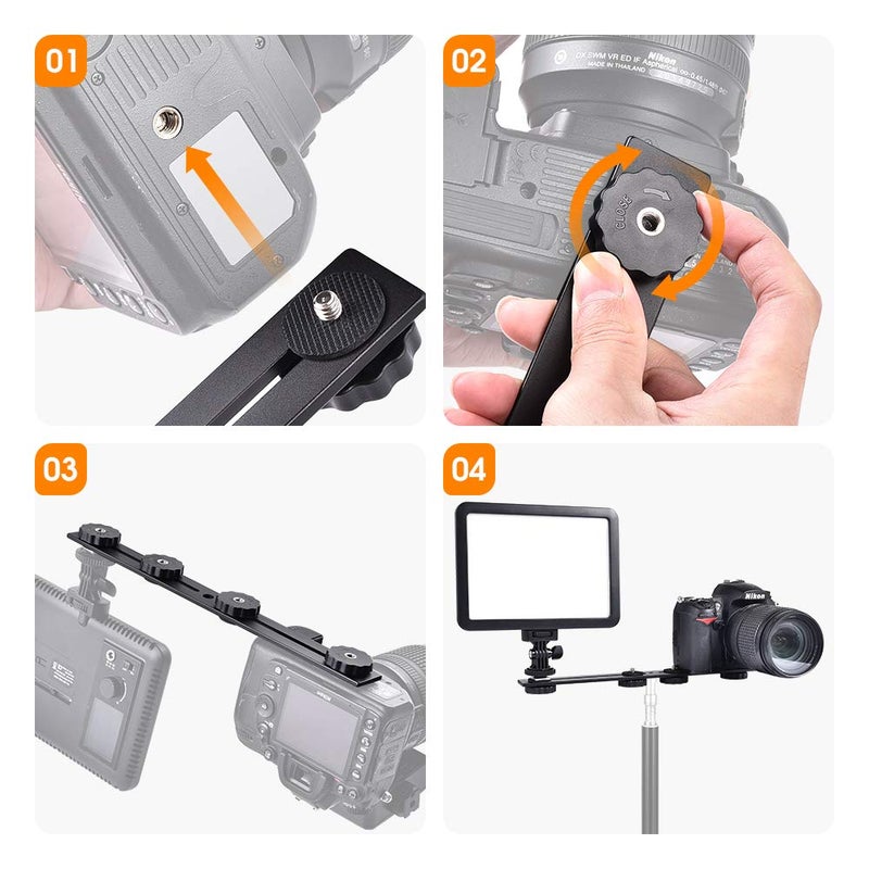 UTEBIT 11 inch Flash Bracket, Long Dual Camera Mount Flash Bracket Extension Bar with 1/4â€œ Hot Shoe, Straight Flash Brackets 1/4- 3/8 Thread Hole Tripod Mount for Camera/LED Light/Microphone - Image 5