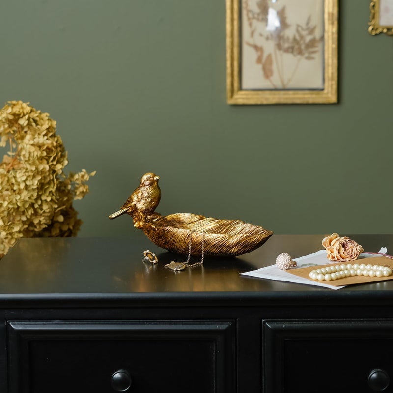 SOFFEE DESIGN Resin Jewelry Tray, Gold Leaf-shaped with Standing Bird, Ring Dish, Decorative Organizer for Entrance Vanity Dresser Bathroom, Bridal Gift Idea - Image 3