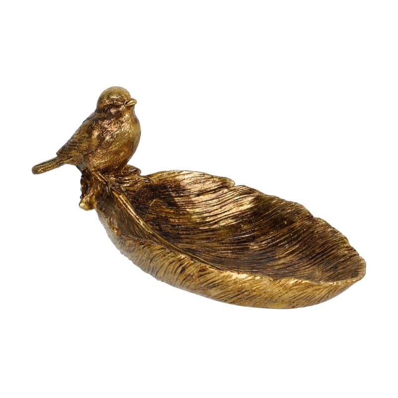 SOFFEE DESIGN Resin Jewelry Tray, Gold Leaf-shaped with Standing Bird, Ring Dish, Decorative Organizer for Entrance Vanity Dresser Bathroom, Bridal Gift Idea - Image 1