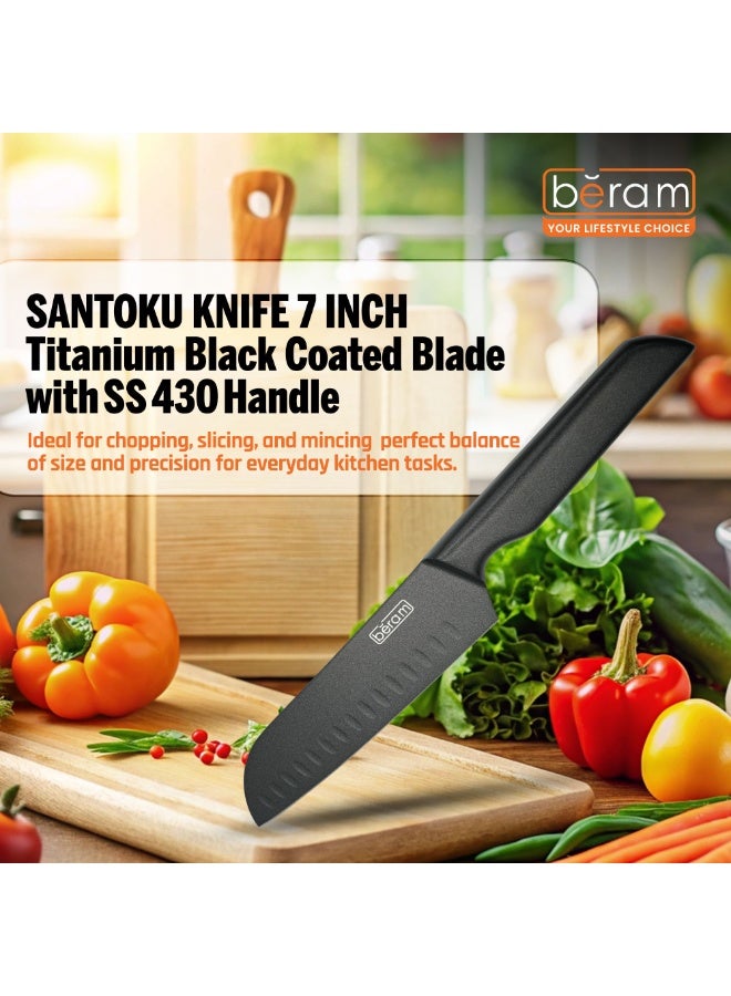 BERAM 7 Inch Santoku Knife Titanium Black Coated 3CR13Stainless Steel Blade with SS430 Handle Granton Edge for Smooth Chopping Slicing Modern  Durable Kitchen Essential - Image 4