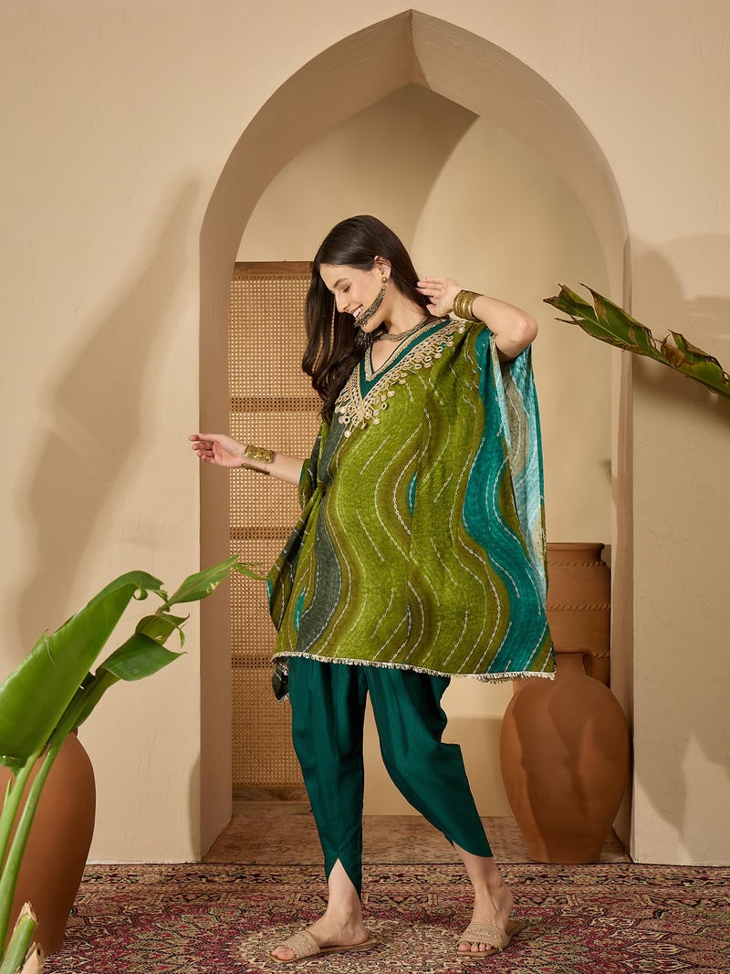 EthnicJunction Women's Viscose Rayon Leheriya Print Kaftan Kurta with Dhoti Pant Set | Rakshabandhan Kurta Set | Kurta Dhoti Set for Women | Ethnic Set | Ethnic Co Ord Set for Women - Image 4
