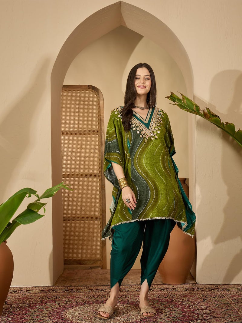 EthnicJunction Women's Viscose Rayon Leheriya Print Kaftan Kurta with Dhoti Pant Set | Rakshabandhan Kurta Set | Kurta Dhoti Set for Women | Ethnic Set | Ethnic Co Ord Set for Women - Image 3