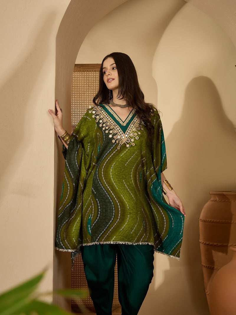 EthnicJunction Women's Viscose Rayon Leheriya Print Kaftan Kurta with Dhoti Pant Set | Rakshabandhan Kurta Set | Kurta Dhoti Set for Women | Ethnic Set | Ethnic Co Ord Set for Women - Image 2
